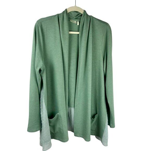 Logo Lori Goldstein Lounge Open Cardigan Women Large Green Long Sleeve Pocket - Picture 1 of 8